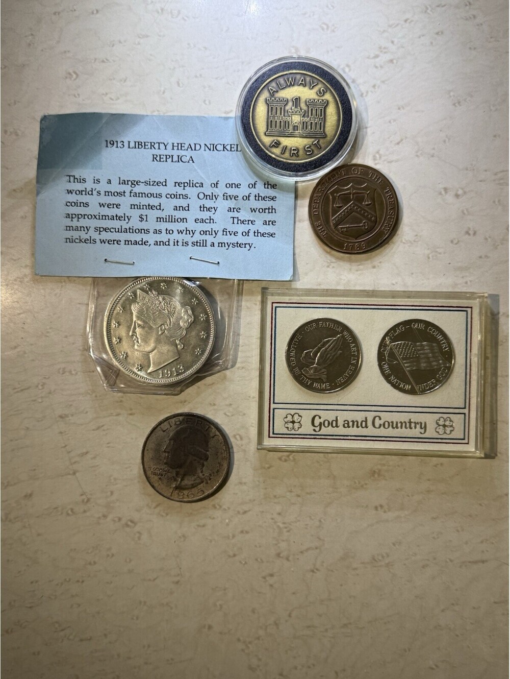 Vintage US Mint Medal Token Lot Denver Treasury God Country 1964 Quarter 5pc